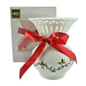 Vintage 1980s Mikasa Holiday Lace 6 inch Vase With Red Ribbon Accent